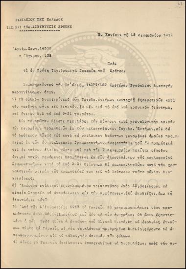Εγκύκλιος με λειτουργικά θέματα των Ταχυδρομικών και Τηλεγραφικών Γραφείων