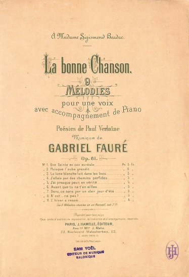 La bonne chanson: 9 melodies: pour une voix avec accompagnement de piano