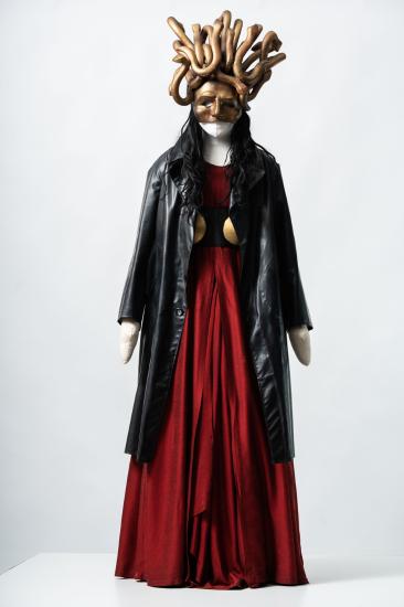 Γυναικείο φόρεμα μακρύ βαμβακερό με δερμάτινη καμπαρντίνα