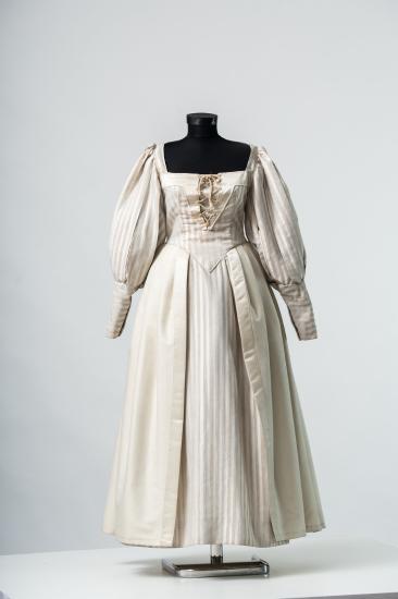 Γυναικείο φόρεμα με μισοφόρι και στόμαχο, από βαμβακερό ριγέ και σατέν