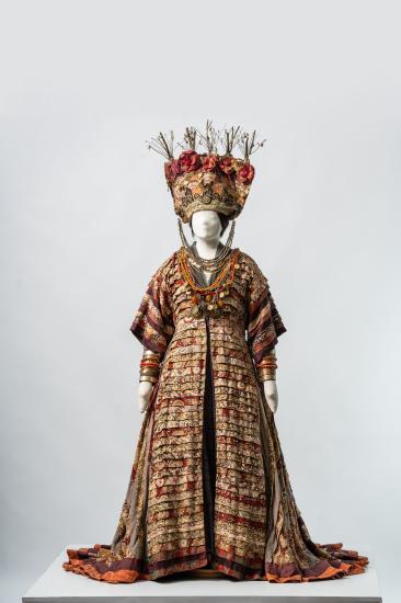 Γυναικείο πανωφόρι με πιέτες και ουρά από βαμβακερό φλοράλ, μπροκάρ και ταφτά