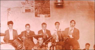 Lesbos Island (Pappados Geras) early 1960s: Musicians in the night club with Greek music called Splentit