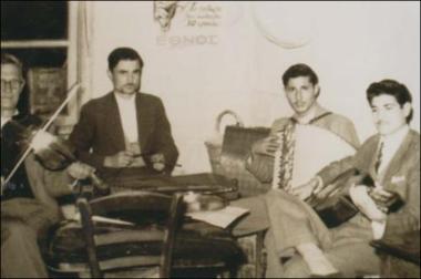 Lesbos Island (Plagia) Decade 1950: The music band of Xristo's family from Plagia Lesbos Island, in a folk feast (glenti)