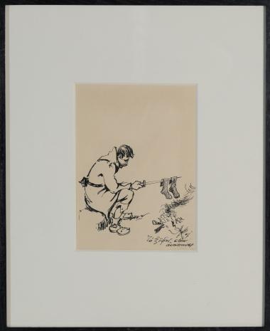 The sword at rest (ink), framed. Dimensions 22×17 cm.