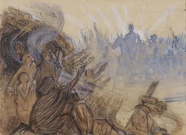 Painting that shows King Constantine entering Ioannina 1912-13. Pastel. Dimensions 30×40 cm.