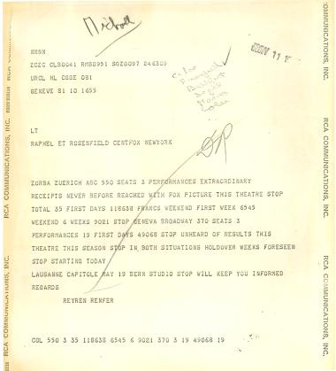 Τηλεγράφημα του Reyren Renfer προς τον Raphel et Rosenfield