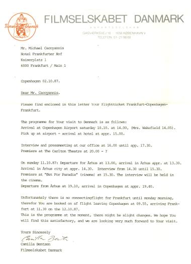 Επιστολή ενημέρωσης σχετικά με το πρόγραμμα δραστηριοτήτων  στη Δανία