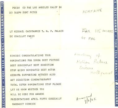 Συγχαρητήριο τηλεγράφημα της Margaret Herrick