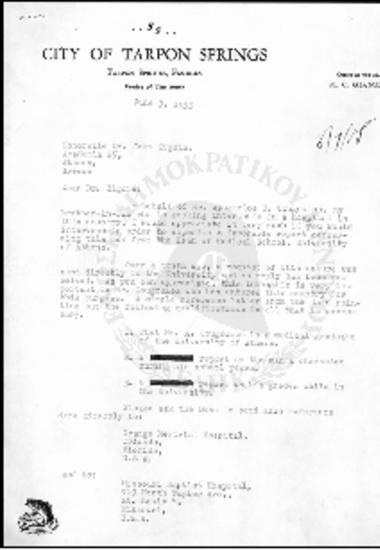 City of Tarpon Springs-Επιστολή προς Ι.Γ. Ζίγδη