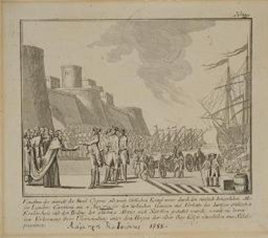 Einahme des unweit der Insel Cyprus gelegenen turkischen Kastel-rosso durch den rurrisch-kaiserlichen Major Lambro Cazzioni am 4 Aug. 1788, wo der turkischen Ganison auf Vorbitte des dortigen...