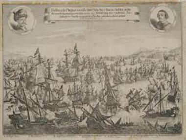 Delineatio Pugnae navalis inter Venetos et Turcas, habitae anto Portum Fochianum, quiest in Asia. Die 12 May 1649. Abbildung der Victorise See schlacht del Venetianer gegen den Turcten. Gelchehen in A
