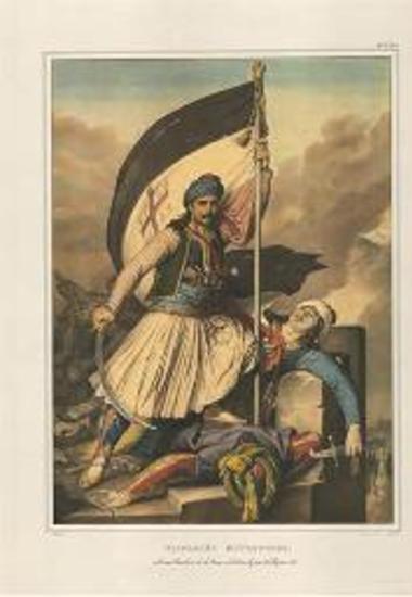 NICOLAKI MITROPOLOS, arborant l' etendant de la Croix a Salona, le jour de Paques 1821