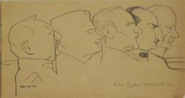 Σκίτσο από τη Δίκη των Έξι, ανώτεροι αξιωματικοί παρακολουθούν τη δίκη