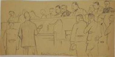 Σκίτσο από τη Δίκη των Έξι, κατάθεση στρατηγού Παπούλα