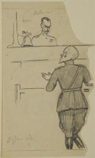 Σκίτσο από τη Δίκη των Έξι, κατάθεση του Χατζηανέστη