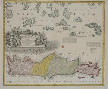 INSULA CRETA hodie CANDIA in sua IV. TERRITORIA divisa cum adjacentibus AEgei Maris Insulis ac praesertim nuperrime ex abysso pelagi emergente. NOVA SANTORINI INSULA occasione cuius tam stupendi Natu