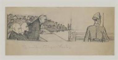 Σκίτσο από τη Δίκη των Έξι, Πρωτοπαπαδάκης, Γούναρης, Στράτος