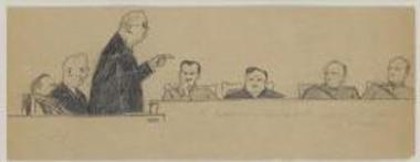 Σκίτσο από τη Δίκη των Έξι, Το στρατοδικείο παρακολουθεί την αγόρευση του επιτρόπου Γεωργιάδη