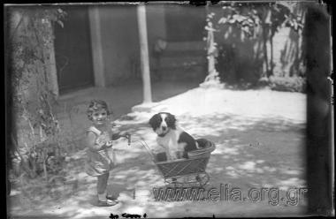 Η μικρή Άννα ( Bimba) Γεωργαντά με σκύλο μέσα σε καρότσι.