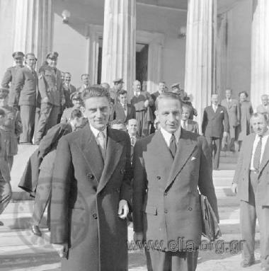 Papagos' government restructure: Newly-appointed Ministers Panagis Papaligouras and Lambros Eftaxias