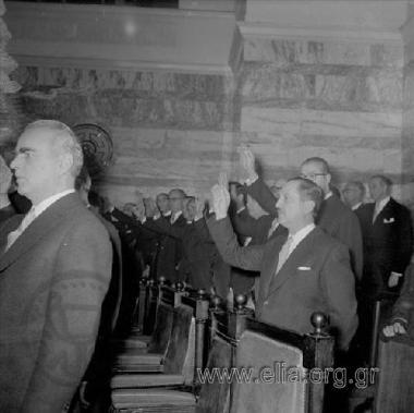 Ceremony for the swearing-in of the K. Karamanlis government. (In the foreground Konstantinos Karamanlis, Evangelos Averof).