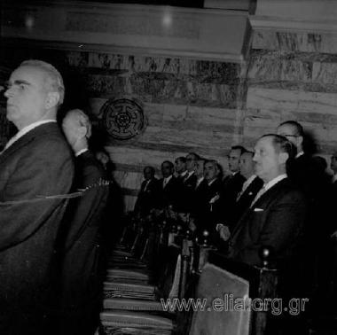 The swearing-in of K. Karamanlis' cabinet. (In the foreground, Konstantinos Karamanlis and Evangelos Averof)
