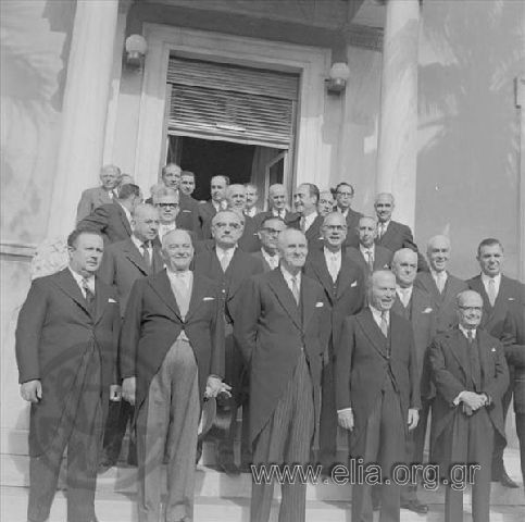 November 8. Georgios  Papandreou and members of the new government at the typical photo after the swearing-in. In the first line from left, Savvas Papapolitis, Georgios Athanasiadis-Novas, Georgios  Papandreou, Sofoklis Venizelos.