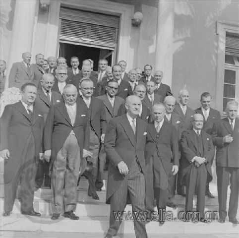 November 8. Swearing-in of the first Centrist government after the November 3 elections. Georgios  Papandreou surrounded by members of the government. In the first line, from left to right, Savvas Papapolitis, Georgios Athanasiadis-Novas, Georgios.