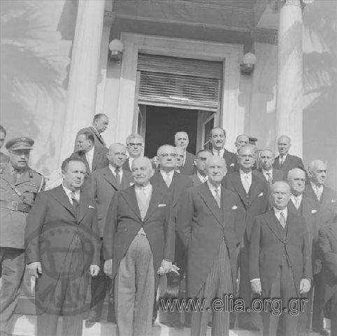 November 8. Georgios  Papandreou and members of the new government at the typical photo after the swearing-in. In the first line from left, Savvas Papapolitis, Georgios Athanasiadis-Novas, Georgios  Papandreou, Sofoklis Venizelos.