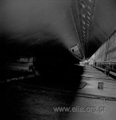 Ship at a dock in the Skaramagkas shipyard.