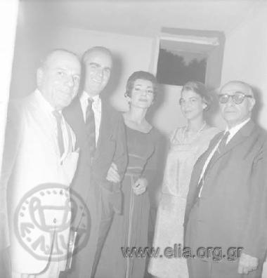Luigi Cherubini's Medea at the Epidaurus ancient theatre. Backstage, director Alexis Minotis, Prime Minister  Konstantinos Karamanlis, Maria Kallas, Amalia Karamanli and the director of the Greek  National Opera Kostis Bastias