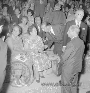 Konstantinos Tsatsos, Minister of the Presidency in Konstantinos Karamanlis' government, and American society columnist Elsa Maxwell at the ancient theatre for the performance of Luigi Cherubini's Medea starring Maria Kallas