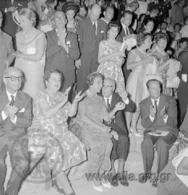 Konstantinos Tsatsos, Minister of the Presidency in Konstantinos Karamanlis' government, and American society columnist Elsa Maxwell at the ancient theatre for the performance of Luigi Cherubini's Medea starring Maria Kallas
