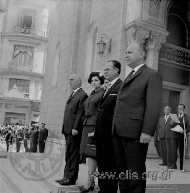 Εορτασμός της 21ης Απριλίου: ο Στυλιανός Παττακός, ο Γεώργιος Παπαδόπουλος και ο Νικόλαος Μακαρέζος στη Μητρόπολη.