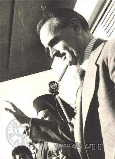 Konstantinos Karamanlis delivers a speech at the inauguration of the Tavropos river works.