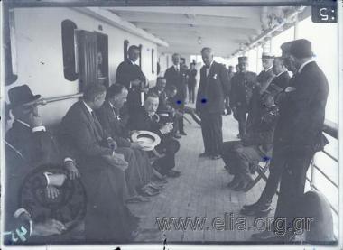 Prime Minister  Dimitrios Gounaris  on board a ship en route to Moudania.