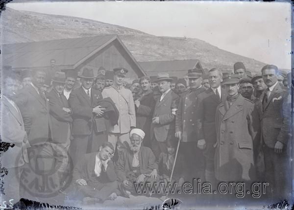 Prisoner exchange: Turkish prisoners at an encampment with members of the Red Cross (?)