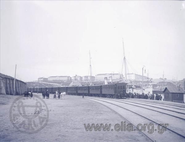 Queen Olga's arrival in Sevastoupolis, the royal train pulling up at the platform