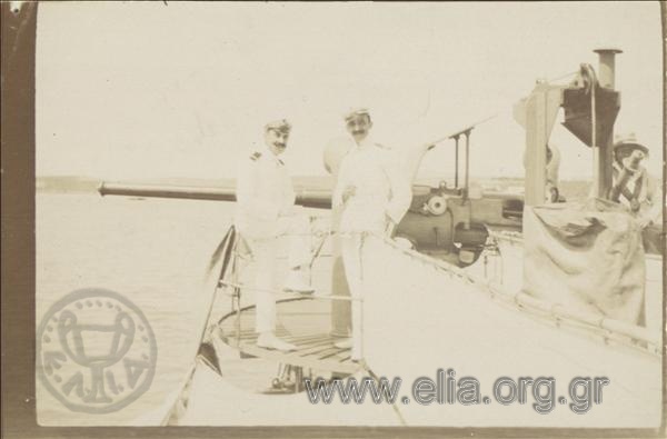 Lieutenant Nikolaos Votsis of the Greek Navy and another officer on board a torpedo boat