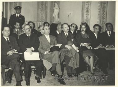 Members of the review committee of the state literary awards. Award winners for the years 1955-1956 in the Parnassos hall.
