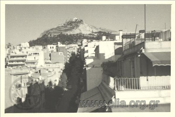 Ploutarchou Street. In the distance, Lycabettus