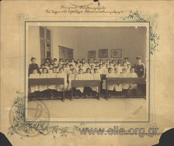 Group portrait of students and teachers of the Central Girls' School of the Greek  Orthodox Community of Stavrodromi.