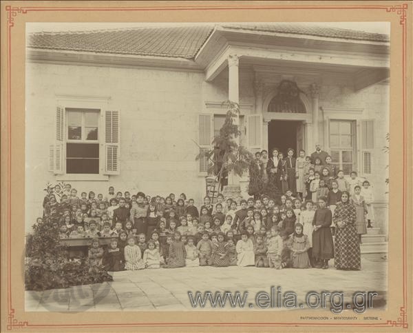 Group portrait of students and teachers of the Mavromati Girls' School Mavromati.