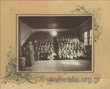 Group portrait of students and teachers of the Rhaedestos Nursery School.