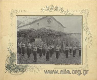 Students with poles during gym class.