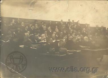 The Trial of Six, the defendants. Dimitrios Gounaris at the center. Nikolaos Stratos on his left and Xenofon Stratigos on his right.