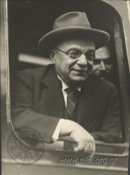 Ioannis Metaxas at the window of a railway carriage