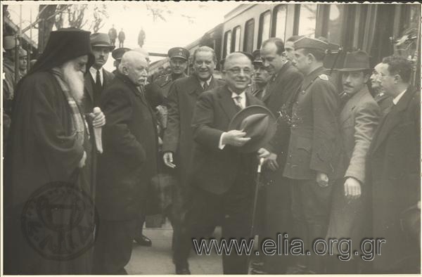 Ioannis Metaxas arriving at a railway station