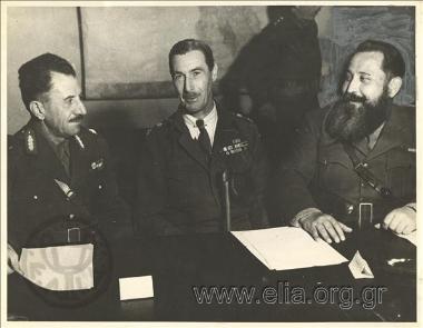 General  Stefanos Sarafis, military commander of ELAS (Greek Popular Liberation Army), General  Ronald Scobie, Commander of the British Forces in Athens and Napoleon Zervas, military commander of EDES (Greek Democratic National Army), signing the Varkiza