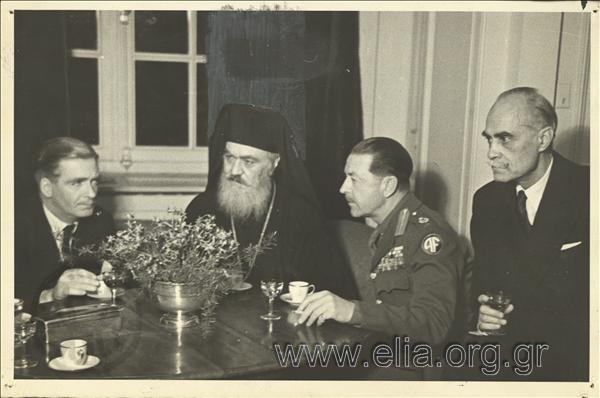 British Field Marshal Harold Alexander talking with Viveroy Damaskinos in the presence of Nikolaos Plastiras
